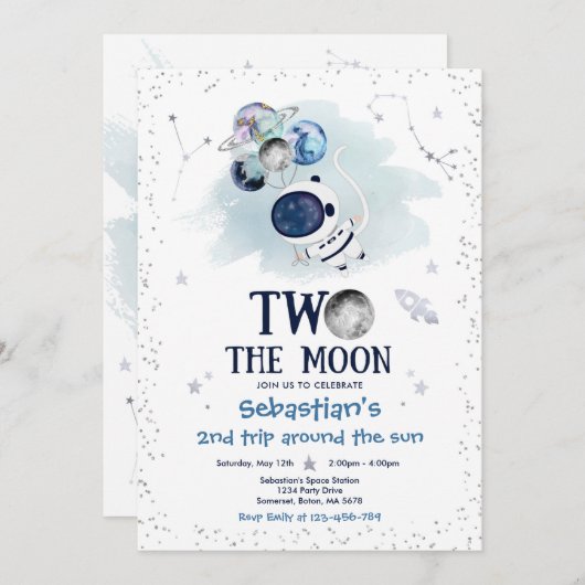 Weltraum 2. Geburtstag Party Astronautenrakete Einladung (Vorne/Hinten)