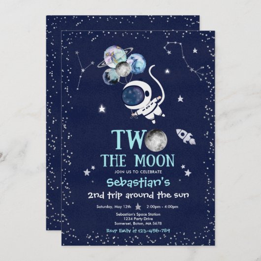 Weltraum 2. Geburtstag Party Astronautenrakete in Einladung (Vorne/Hinten)