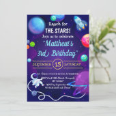 Weltraum 3. Geburtstag Blauer Astronautenplanet Einladung (Stehend Vorderseite)