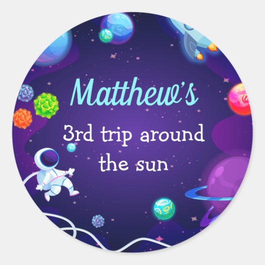 Weltraum 3. Geburtstag Blauer Astronautenplanet Runder Aufkleber (Vorderseite)