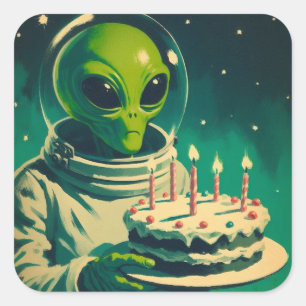 Weltraum-Alien mit Geburtstagstorte UFO-Flugsausse Quadratischer Aufkleber