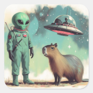Weltraum-Alien und Capybara Retro-UFO-Illustration Quadratischer Aufkleber
