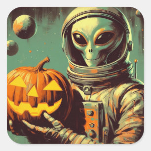 Weltraum-Alien und Jack-o'-lantern Retro-Illustrat Quadratischer Aufkleber