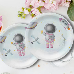 Weltraum Astronaut Girl rosa Raketensterne Babydus Pappteller
