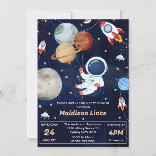 Weltraum-Astronauten Kinderdusche Party Einladung (Vorderseite)