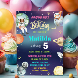 Weltraum-Astronauten Planets Girl Geburtstags-Foto Einladung