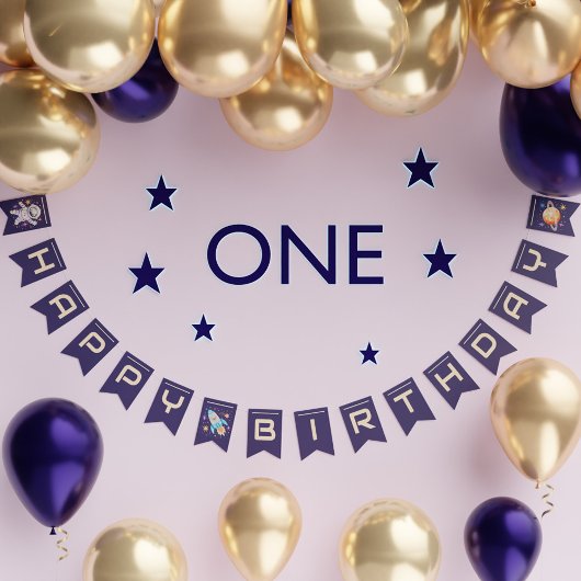 Weltraum-Astronautenrakete und Planet zum Geburtst Wimpelkette