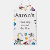 Weltraum-Astronautin Einladung zum ersten Geburtst Geschenkanhänger (Rückseite)