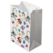 Weltraum-Astronautin Einladung zum ersten Geburtst Mittlere Geschenktüte (Vorderseite Schrägansicht)