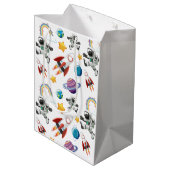 Weltraum-Astronautin Einladung zum ersten Geburtst Mittlere Geschenktüte (Rückseite Schrägansicht)