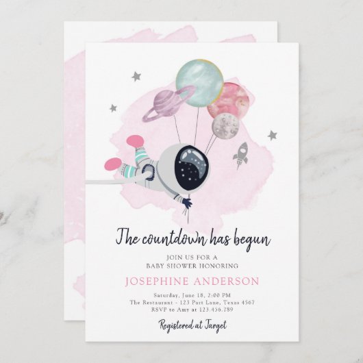 Weltraum-Astronautin Kinderdusche Einladung (Vorne/Hinten)