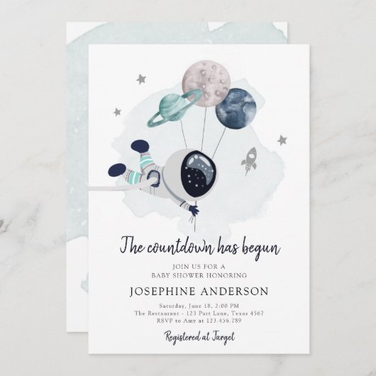 Weltraum Astronautin Kinderdusche Einladung (Vorne/Hinten)