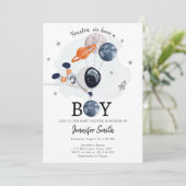 Weltraum Astronautin Kinderdusche Einladung (Stehend Vorderseite)