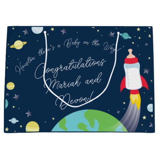 Weltraum-Babydusche Flasche Raumschiff Große Geschenktüte (Vorderseite)