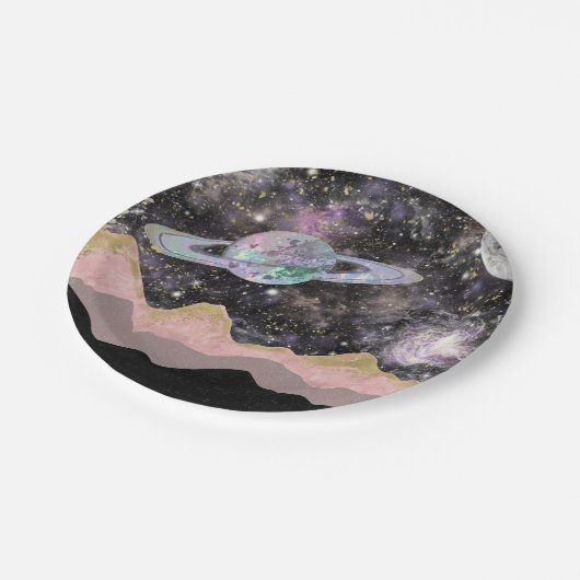 Weltraum Berge Gold Sternenhimmel Galaxy Planets Pappteller (Schrägansicht)