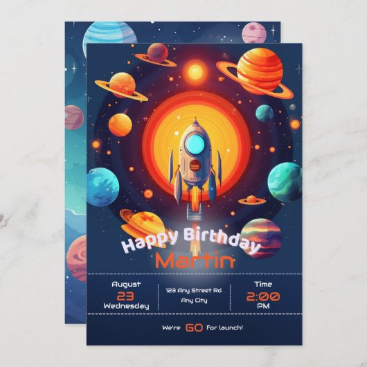 Weltraum-Birthday-Party Einladung (Vorne/Hinten)