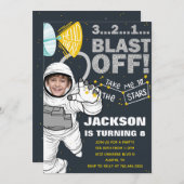 Weltraum bricht vom Astronauten Foto zum Geburtsta Einladung (Vorne/Hinten)