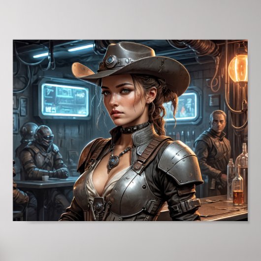 Weltraum-Cowboy-Mädchen mit Cyber-Rüstung Poster (Vorne)