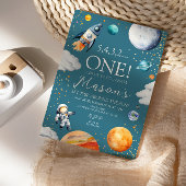 Weltraum Erste Geburtstagsrakete Aquamarin Blue Einladung