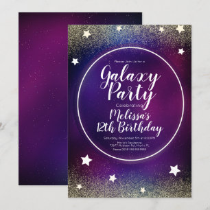 Weltraum-Galaxie-Nebel-Glitter-Mond-Geburtstag-Lil Einladung