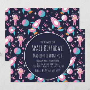 Weltraum-Galaxie Rosa Prinzessin Astronaut Geburts Einladung
