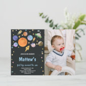 Weltraum Geburtstagseinladung mit Foto Einladung (Stehend Vorderseite)