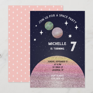 Weltraum Geburtstagsparty in Rosa Einladung