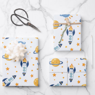 Weltraum Geschenkpapier Flachblatt Set mit 3 Bogen