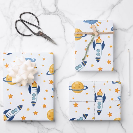 Weltraum Geschenkpapier Flachblatt Set mit 3 Bogen (Vorderseite)