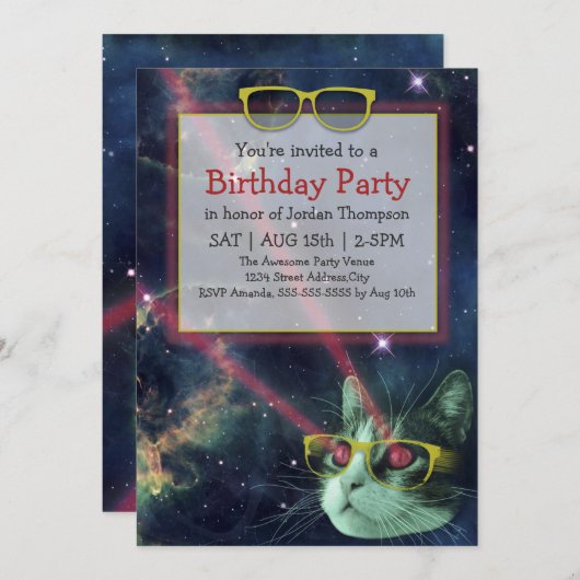Weltraum-Hipster Katze Geburtstag Einladung (Vorne/Hinten)