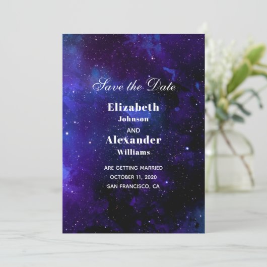 Weltraum Hochzeit speichern Sie das Datum. Nachtst Einladung (Stehend Vorderseite)