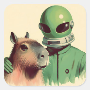 Weltraum-Mann und Capybara Retro-Illustration Vint Quadratischer Aufkleber