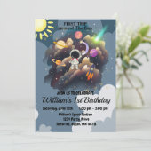 Weltraum Planeten Blue First Birthday Einladung (Stehend Vorderseite)