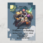 Weltraum Planeten Blue First Birthday Einladung (Vorne/Hinten)