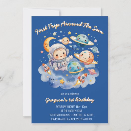 Weltraum Planeten Blue First Birthday Einladung (Vorderseite)