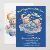 Weltraum Planeten Blue First Birthday Einladung (Vorne/Hinten)