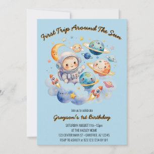 Weltraum Planeten Blue First Birthday Einladung