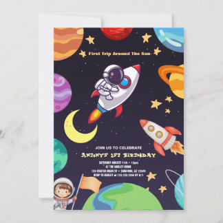Weltraum Planeten Blue First Birthday Einladung
