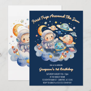 Weltraum Planeten Blue First Birthday Einladung