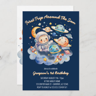 Weltraum Planeten Blue First Birthday Einladung