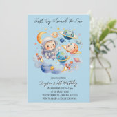 Weltraum Planeten Blue First Birthday Einladung (Stehend Vorderseite)