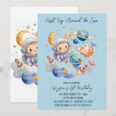 Weltraum Planeten Blue First Birthday Einladung (Vorne/Hinten)