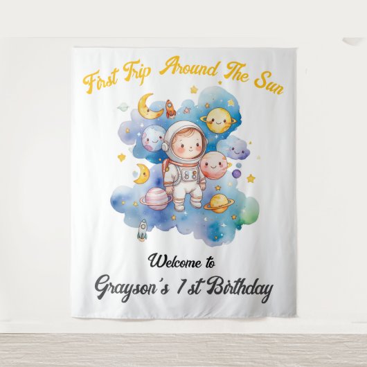Weltraum Planeten Blue First Birthday Wandteppich (Vorderseite)