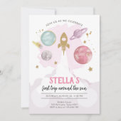 Weltraum-Planeten Girl Erster Geburtstag Einladung (Vorderseite)