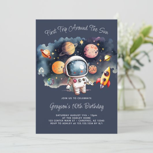 Weltraum Planets Blauer 10. Geburtstag Einladung (Stehend Vorderseite)