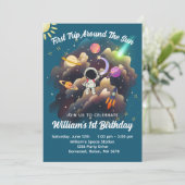 Weltraum Planets Blue Erster Geburtstag Einladung (Stehend Vorderseite)