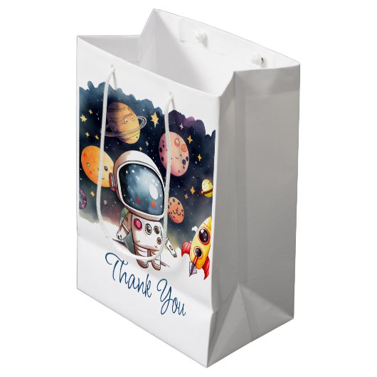 Weltraum Planets Happy Birthday Gunst Bag Mittlere Geschenktüte (Vorderseite Schrägansicht)