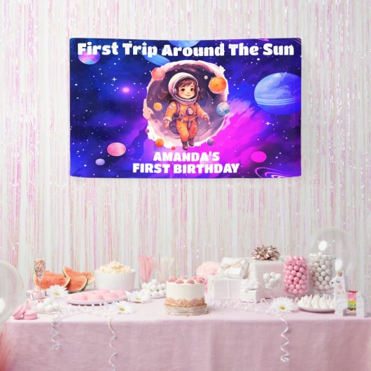 Weltraum Planets Pink Girl Erster Geburtstag Banner (Party)