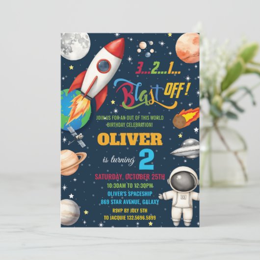 Weltraum-Raketenplaneten Astronaut Geburtstag Einladung (Stehend Vorderseite)