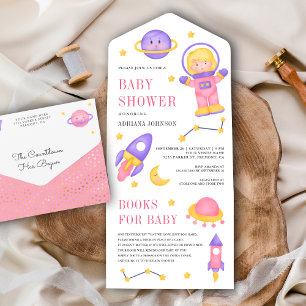 Weltraum Süßes Rosa Mädchen Astronautin Babyparty All In One Einladung